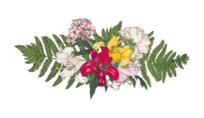 Composizione orizzontale dei fiori di giardino e delle foglie di felce royalty illustrazione gratis