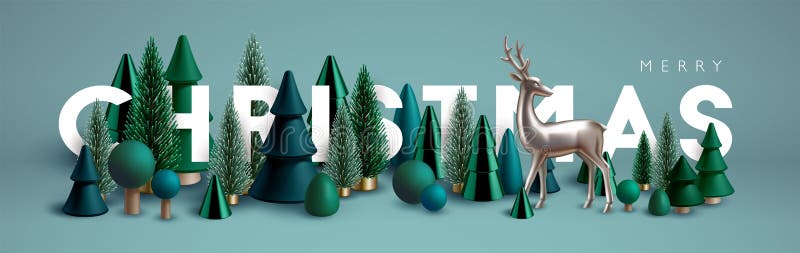 Composizione orizzontale di xmas di alberi di Natale verdi di legno e di vetro e di renna argentina. royalty illustrazione gratis