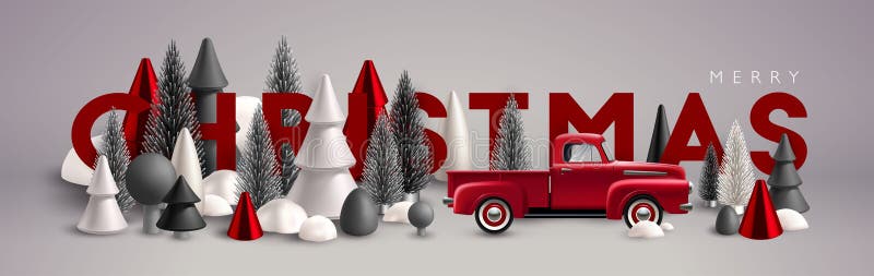 Composizione orizzontale di xmas composta di alberi di Natale di legno bianco e grigio rosso e di alberi di vetro e di vintage gio illustrazione vettoriale
