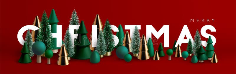 Composizione orizzontale di xmas composta di alberi di Natale di legno verde e d'oro e di Natale di vetro. illustrazione di stock