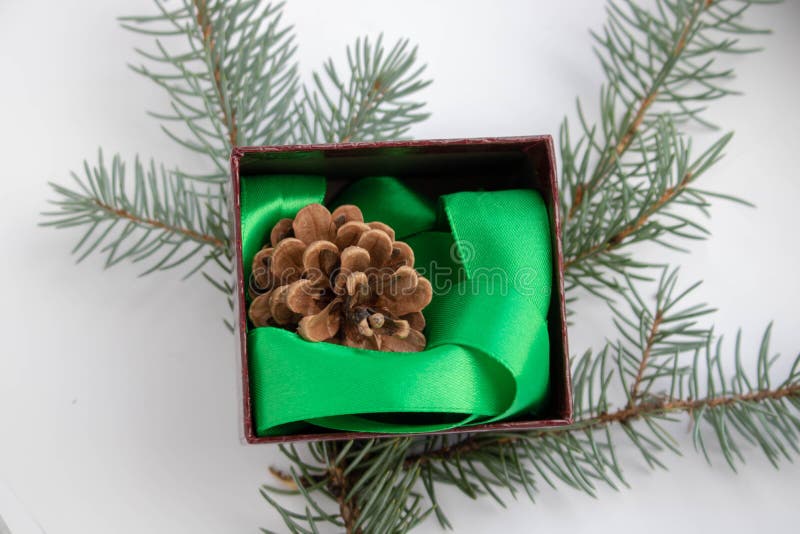 Composizione per Natale e Capodanno Scatola regalo con fiocco di fiocco e fiocco con coni su fondo bianco Piastra piatta fotografia stock libera da diritti Composizione per Natale e Capodanno Scatola regalo con fiocco di fiocco e fiocco con coni su fondo bianco Piastra piatta fotografia stock libera da diritti