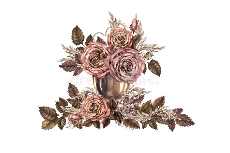 Composizione triangolare delle rose in un vaso di bronzo. mochamousse color marrone. acquerello illustrazione vettoriale