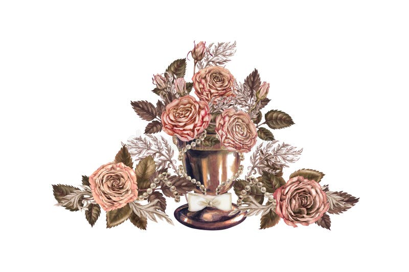 Composizione triangolare delle rose in un vaso di bronzo. mochamousse color marrone. acquerello illustrazione di stock