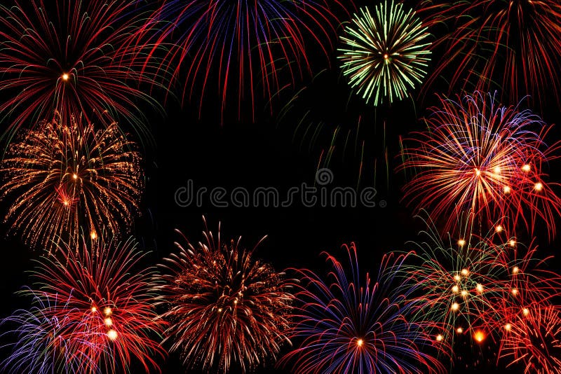 Composition of colorful fireworks over black background. Composition of colorful fireworks over black background.