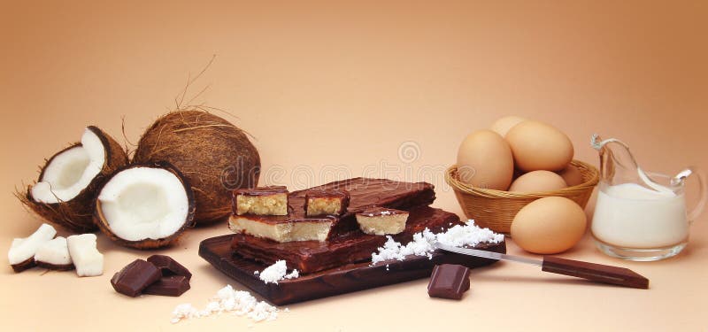 Coconut fudge composition with ingredients. chocolate, milk and eggs. Look at my gallery for more food pics. Coconut fudge composition with ingredients. chocolate, milk and eggs. Look at my gallery for more food pics