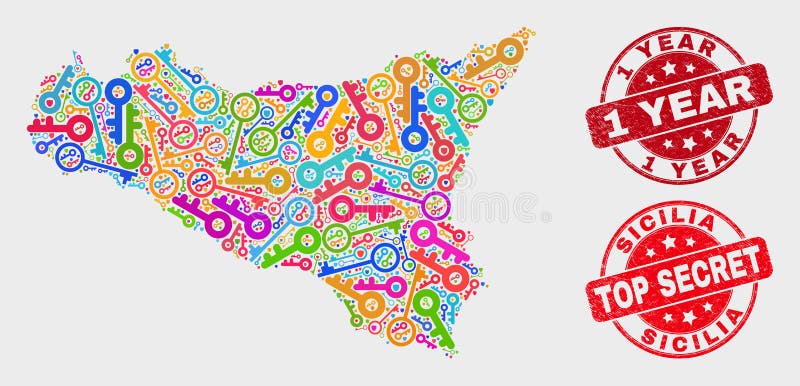 Composição do mapa da Passkey Sicilia e do selo de 1 ano ilustração royalty free Composição do mapa da Passkey Sicilia e do selo de 1 ano ilustração royalty free