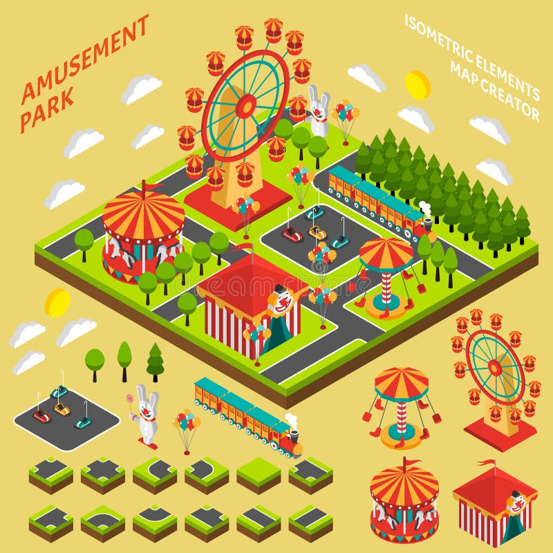 Amusement park attractions elements map creator isometric symbols for fairground composition banner abstract vector illustration. Amusement park attractions elements map creator isometric symbols for fairground composition banner abstract vector illustration