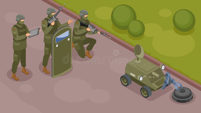 Composição isométrica dos robôs militares ilustração do vetor Composição isométrica dos robôs militares ilustração do vetor