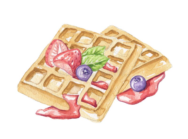 Composition of two Belgian waffles, berries and jam isolated on white background. Watercolor hand drawn illustration. Composition of two Belgian waffles, berries and jam isolated on white background. Watercolor hand drawn illustration
