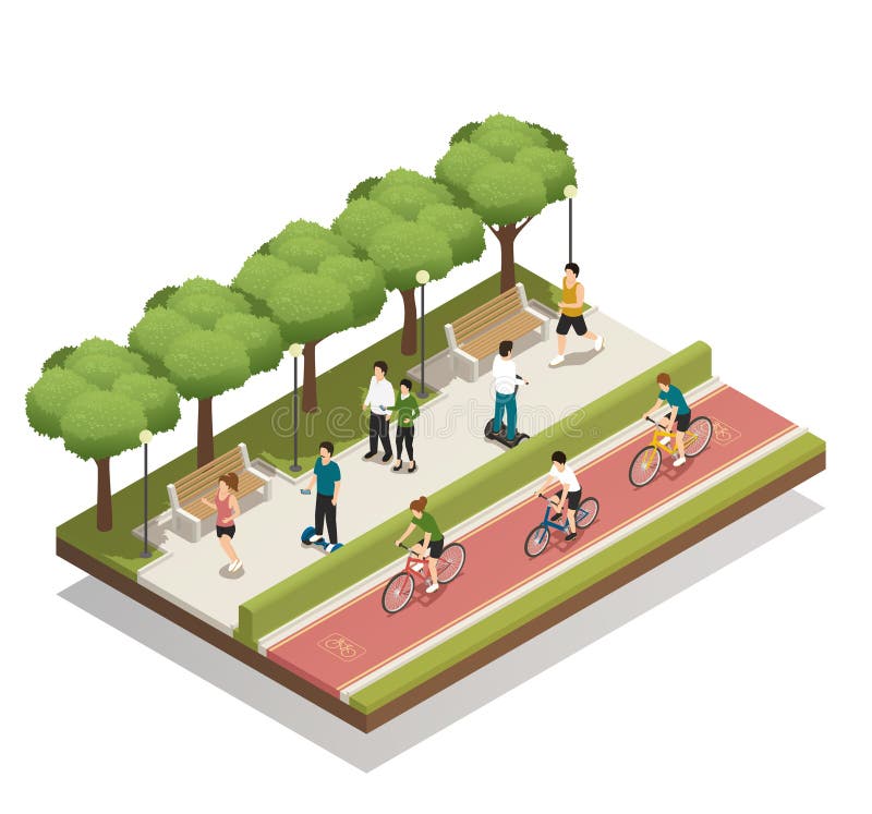 Urban landscape composition with people in city park riding personal eco green transport isometric vector illustration. Urban landscape composition with people in city park riding personal eco green transport isometric vector illustration