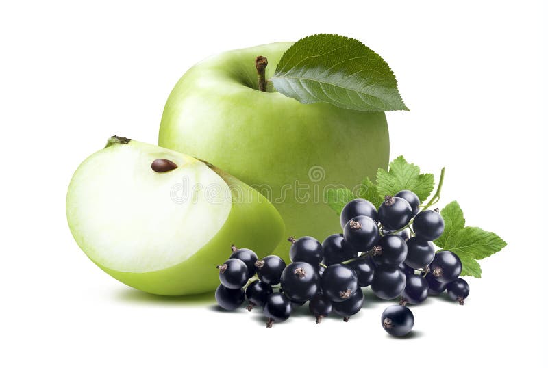 Composição de maçã verde e groselha preta 2 isolada sobre fundo branco imagens de stock royalty free