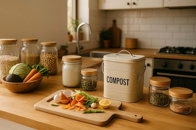 Compost Bin with Fresh Vegetables and Pantry Staples for Sustainable Cooking stock illustration