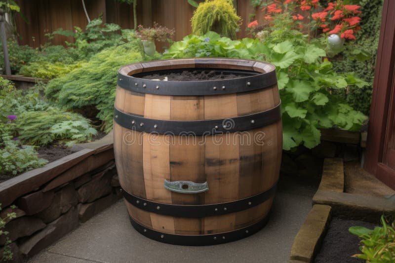 Compost Bin Made from Repurposed Wine Barrel Stock Image Image of