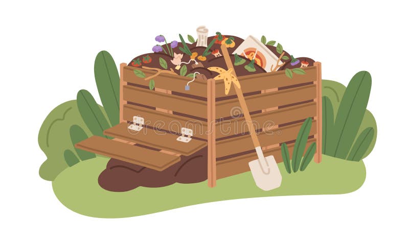 Compost box full of organic bio waste. Pile of natural fertilizer for agriculture. Decomposition and composting of