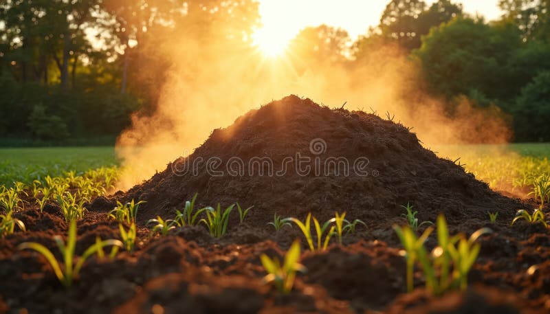 Compost pile steaming in morning sun, natural decomposition process. Organic waste transforms into nutrient-rich soil amendment royalty free stock photos