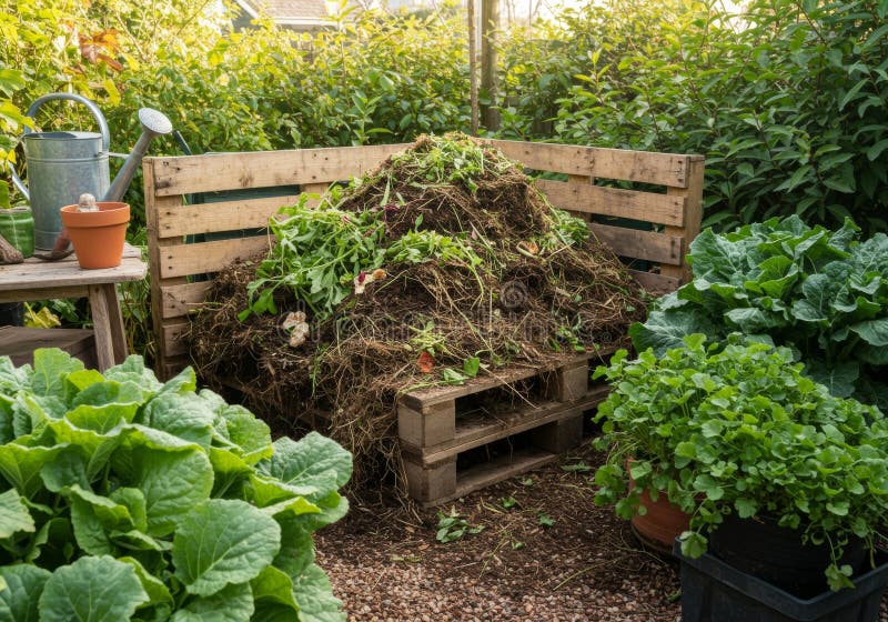 Compost Pile on Wooden Pallet in a Lush Garden vector illustration