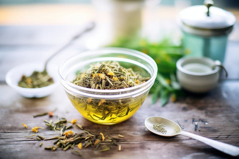Composted Green Tea in a Transparent Cup with Loose Tea Leaves Around