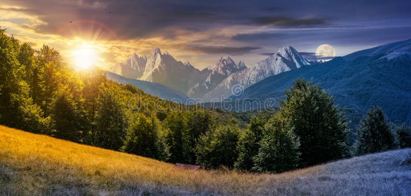Composto di notte e di giorno di paesaggio montagnoso royalty illustrazione gratis Composto di notte e di giorno di paesaggio montagnoso royalty illustrazione gratis