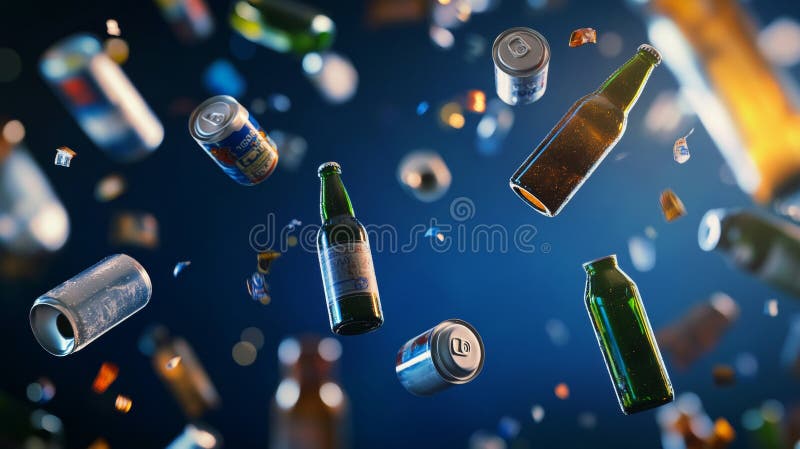 Compoziția dinamică a sticlelor zburătoare și a cutiilor de bere pe fond albastru închis, ușor gălbui vector illustration
