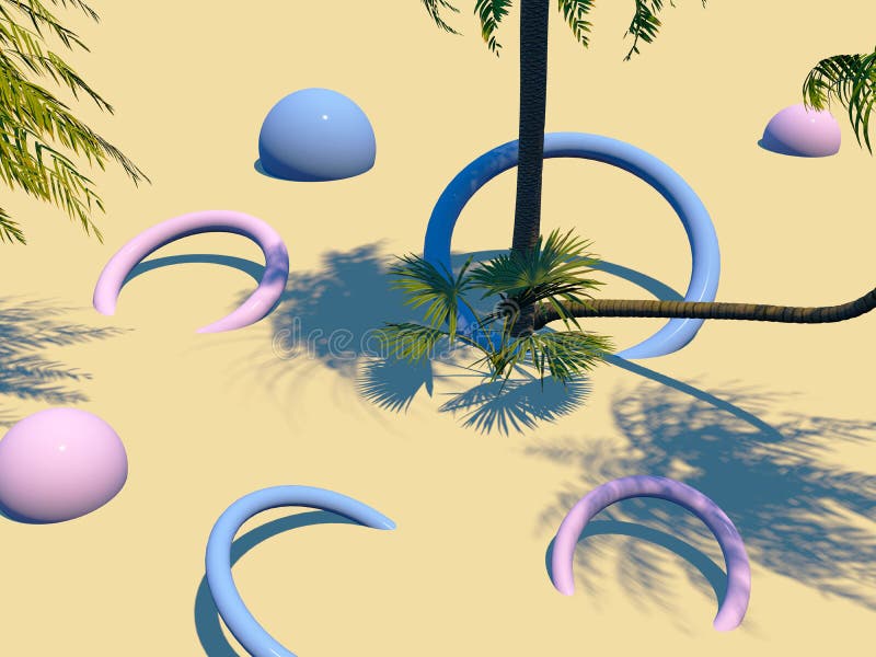 Compoziție cu figuri geometrice albastre și palmieri verzi pe plajă 3d ilustrații de randare royalty free illustration
