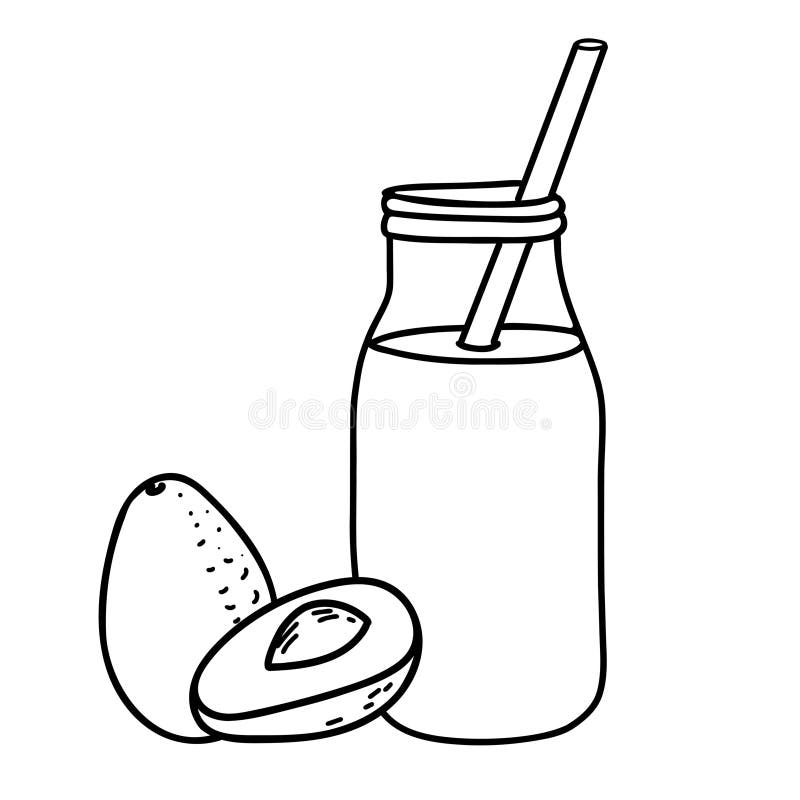 Compoziție de smoothie de avocado. Detox Cocktail în sticlă cu paie și Avocado fructe întregi și jumătate. Vector de băuturi sănăt royalty free illustration