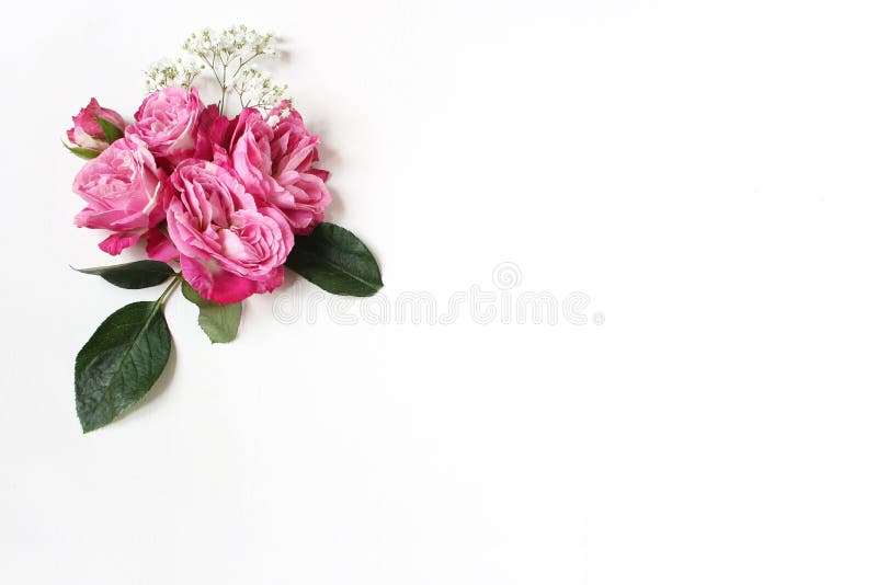 Compoziție decorativă florală cu trandafiri roz frunze verzi și flori de gypsola cu răsuflare pe masă albă royalty free stock images
