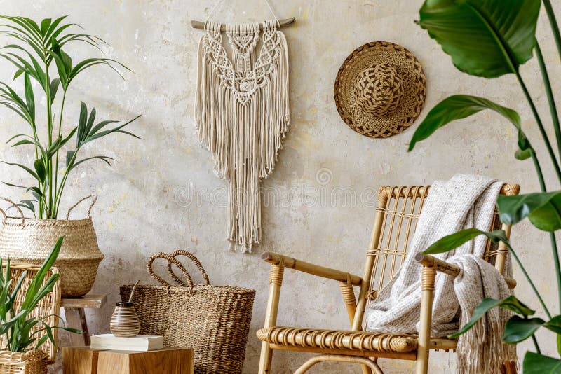 Compoziție elegantă și florală a interiorului sufrageriei cu fotoliul de ratan o mulțime de plante tropicale în decorarea ghivecel stock image