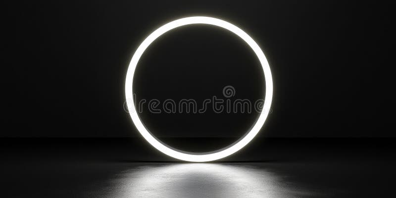 Compoziție geometrică minimalistă cerc de neon alb strălucind pe un fundal negru puternic. vector illustration