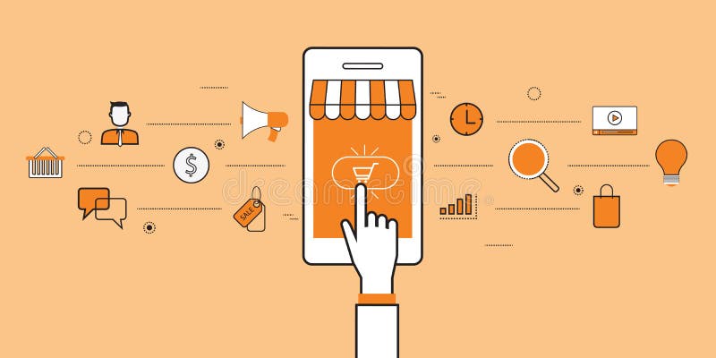 Compra e e-mercado em linha móveis do negócio ilustração do vetor Compra e e-mercado em linha móveis do negócio ilustração do vetor