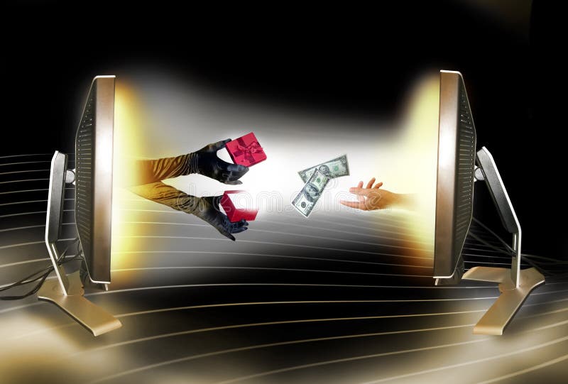 Arms in shiny black gloves present the internet customer with a gift in a red box as a mature hand gives money. Both arms and the hand coming from glowing monitors. Concept for on-line purchasing. Box is empty with a white area for copy. Arms in shiny black gloves present the internet customer with a gift in a red box as a mature hand gives money. Both arms and the hand coming from glowing monitors. Concept for on-line purchasing. Box is empty with a white area for copy.