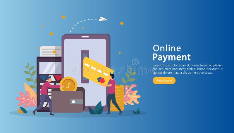 Compra en el mercado electrónico ilustraciones en lÃnea con personajes diminutos. concepto de pago móvil o transferencia de din ilustración del vector Compra en el mercado electrónico ilustraciones en lÃnea con personajes diminutos. concepto de pago móvil o transferencia de din ilustración del vector