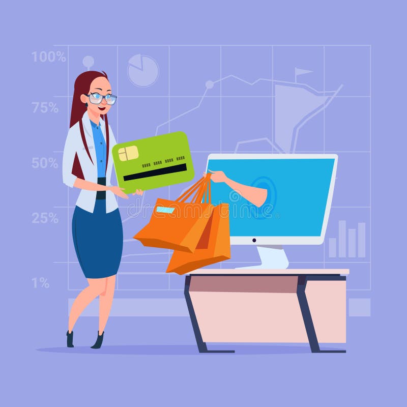 Compra en línea de la pantalla de la mano del panier del ordenador del uso de la mujer de negocios con comercio de Internet libre illustration Compra en línea de la pantalla de la mano del panier del ordenador del uso de la mujer de negocios con comercio de Internet libre illustration