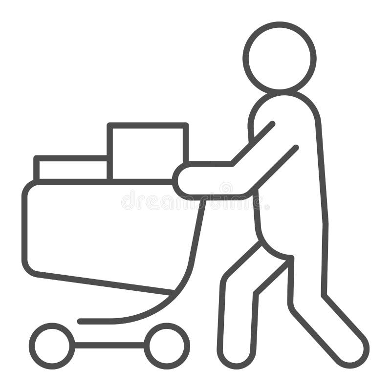 Comprador com linha fina ícone do carro completo Pessoa com uma ilustração completa do vetor do carro do mantimento isolada no br ilustração royalty free Comprador com linha fina ícone do carro completo Pessoa com uma ilustração completa do vetor do carro do mantimento isolada no br ilustração royalty free