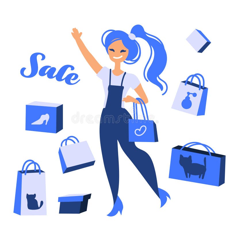 Compras de chicas. La mujer sujeta en su mano las compras en bolsas con asas. tienda de venta, descuento, promoción. ilustración stock de ilustración Compras de chicas. La mujer sujeta en su mano las compras en bolsas con asas. tienda de venta, descuento, promoción. ilustración stock de ilustración