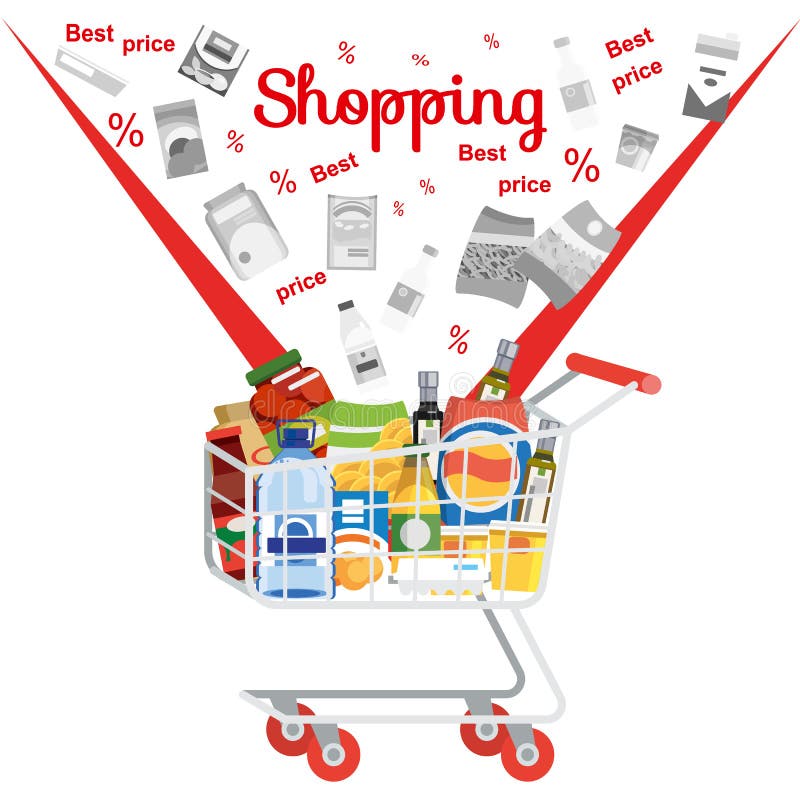 Compras en concepto plano del vector de la venta del supermercado ilustración del vector Compras en concepto plano del vector de la venta del supermercado ilustración del vector