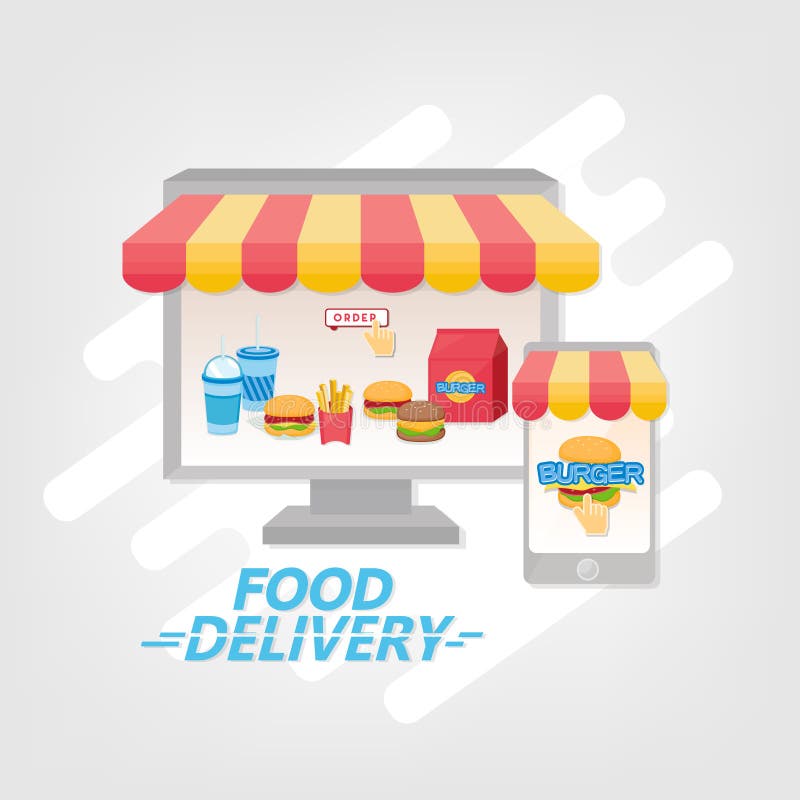 Compras en línea con el ordenador y el teléfono móvil Tienda de la hamburguesa en pantalla de visualización del ordenador y del t libre illustration Compras en línea con el ordenador y el teléfono móvil Tienda de la hamburguesa en pantalla de visualización del ordenador y del t libre illustration