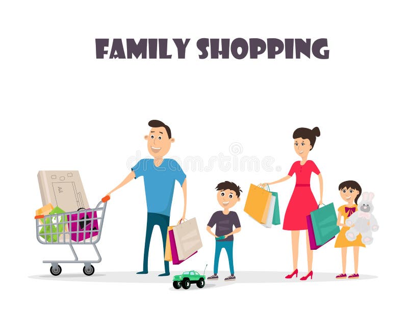 Compras familiares felices Madre, padre, hijo e hija stock de ilustración Compras familiares felices Madre, padre, hijo e hija stock de ilustración