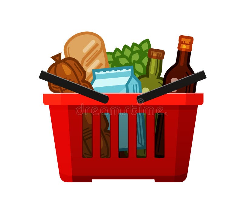 Compras na mercearia Ícone da cesta, da loja, do alimento e das bebidas Ilustração do vetor dos desenhos animados ilustração stock Compras na mercearia Ícone da cesta, da loja, do alimento e das bebidas Ilustração do vetor dos desenhos animados ilustração stock
