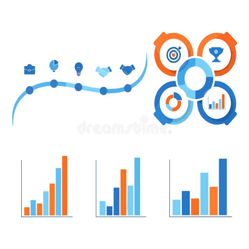 This image displays a set of professional business infographic elements, including a wavy timeline with various icons representing business stages, a circular hub-and-spoke diagram featuring targets and trophies, and three distinct bar charts showing different data sets in blue and orange color palettes. Wavy timeline vectors