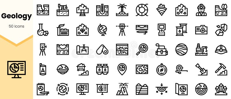 A comprehensive collection of geology-themed icons, showcasing various elements of earth science, exploration, and research in a royalty free illustration