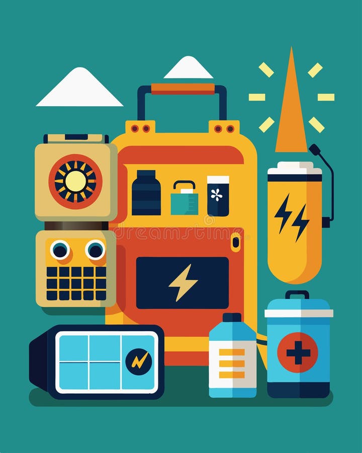 A comprehensive emergency kit for natural disasters including a solarpowered generator for powering essential appliances royalty free illustration