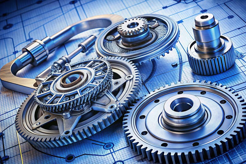 Comprehensive Technical Blueprint of a Precision Clutch Mechanism Detailed Panoramic View for Engineering Design and stock illustration