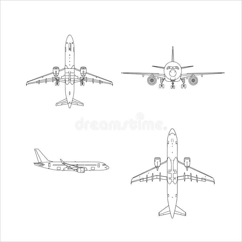 Comprehensive technical drawing featuring four crucial perspectives of a commercial jetliner, including top, bottom, front, and si royalty free illustration