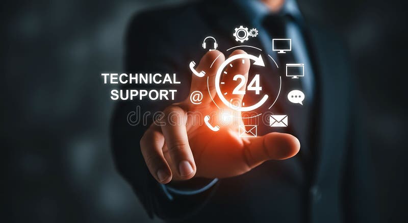 Comprehensive technical support service available twenty four hours a day providing help and assistance royalty free illustration