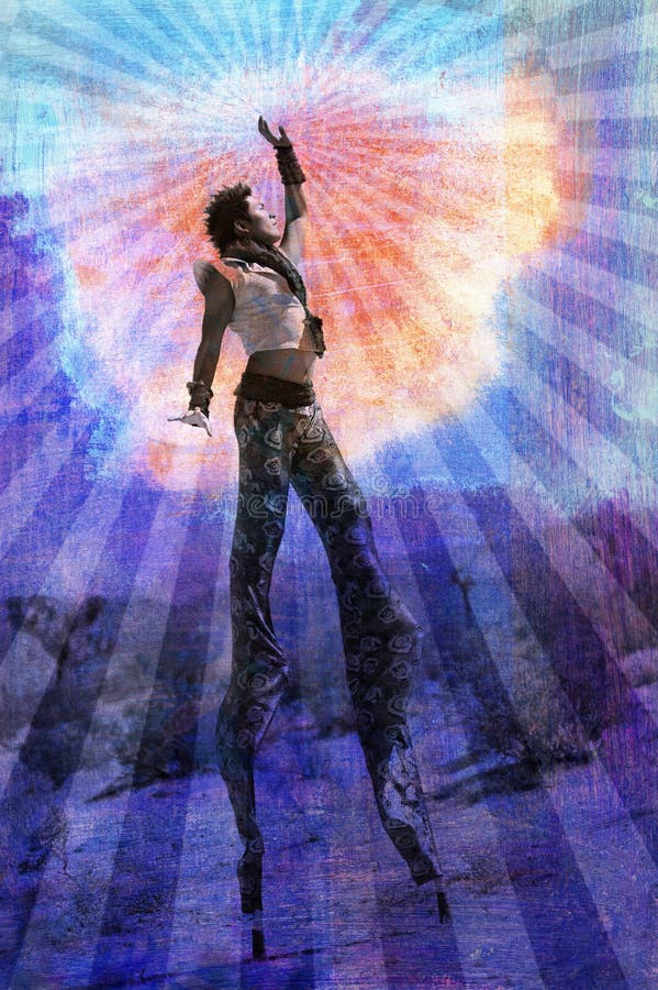 Embody your highest Self. Man on stilts surrounded by sun rays. Embody your highest Self. Man on stilts surrounded by sun rays.