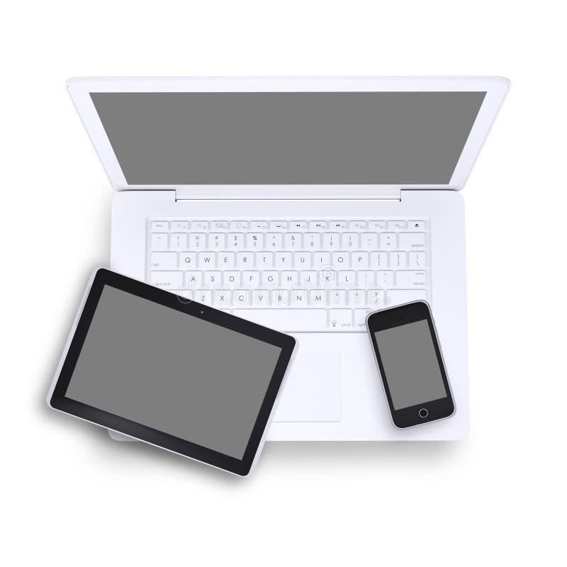 Compressa e telefono cellulare sul computer portatile, vista superiore illustrazione vettoriale Compressa e telefono cellulare sul computer portatile, vista superiore illustrazione vettoriale