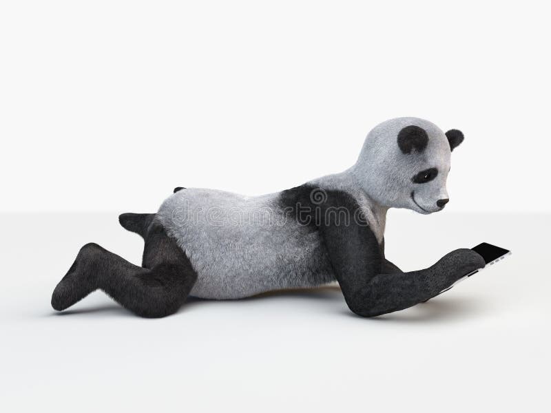 Compressa elettronica del panda lanuginoso del carattere del personaggio di vista laterale che pone al fondo bianco royalty illustrazione gratis Compressa elettronica del panda lanuginoso del carattere del personaggio di vista laterale che pone al fondo bianco royalty illustrazione gratis