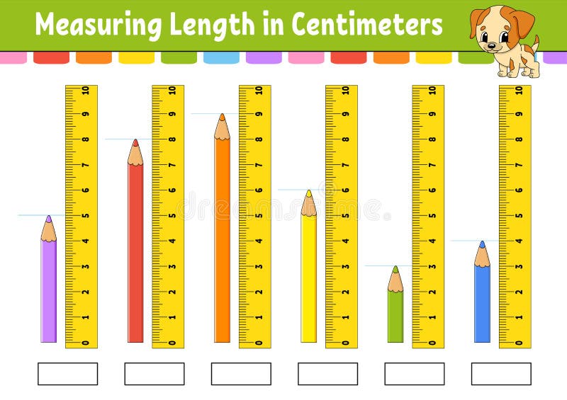 Medição de comprimento em centímetros e milímetros planilha de  desenvolvimento educacional jogo para crianças página de atividade colorida