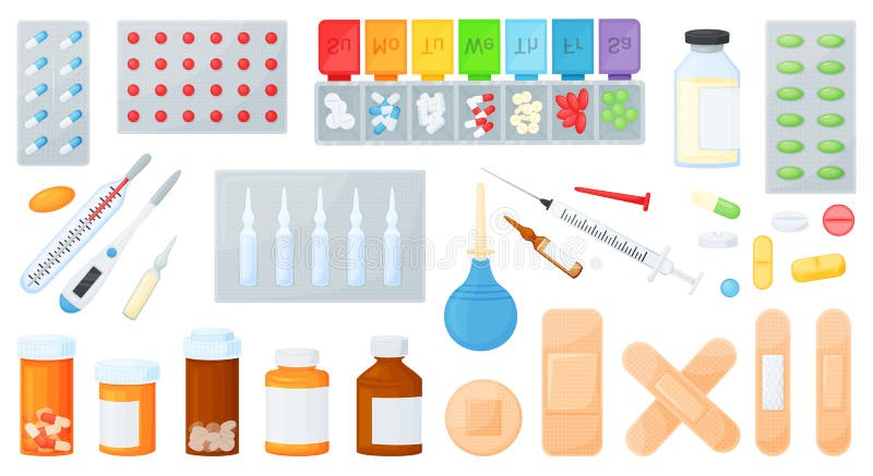 Prateleiras Da Farmácia Dos Desenhos Animados Com Produtos Médicos E  Garrafas Da Pílula. Medicamentos, Drogas Médicas Na Prateleira Da Farmácia  Ou Na Ilustração Vetorial Da Vitrine. Sortimento Da Medicamentação Para A  Saúde