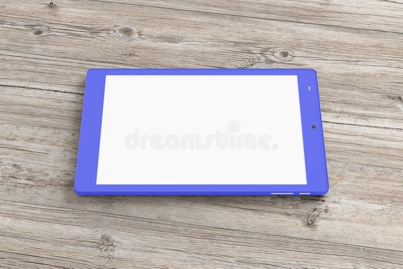 Blue tablet pc with 4:3 screen aspect ratio with white blank screen isolated on wooden background. Include clipping path around device and around screen. 3d render. Blue tablet pc with 4:3 screen aspect ratio with white blank screen isolated on wooden background. Include clipping path around device and around screen. 3d render